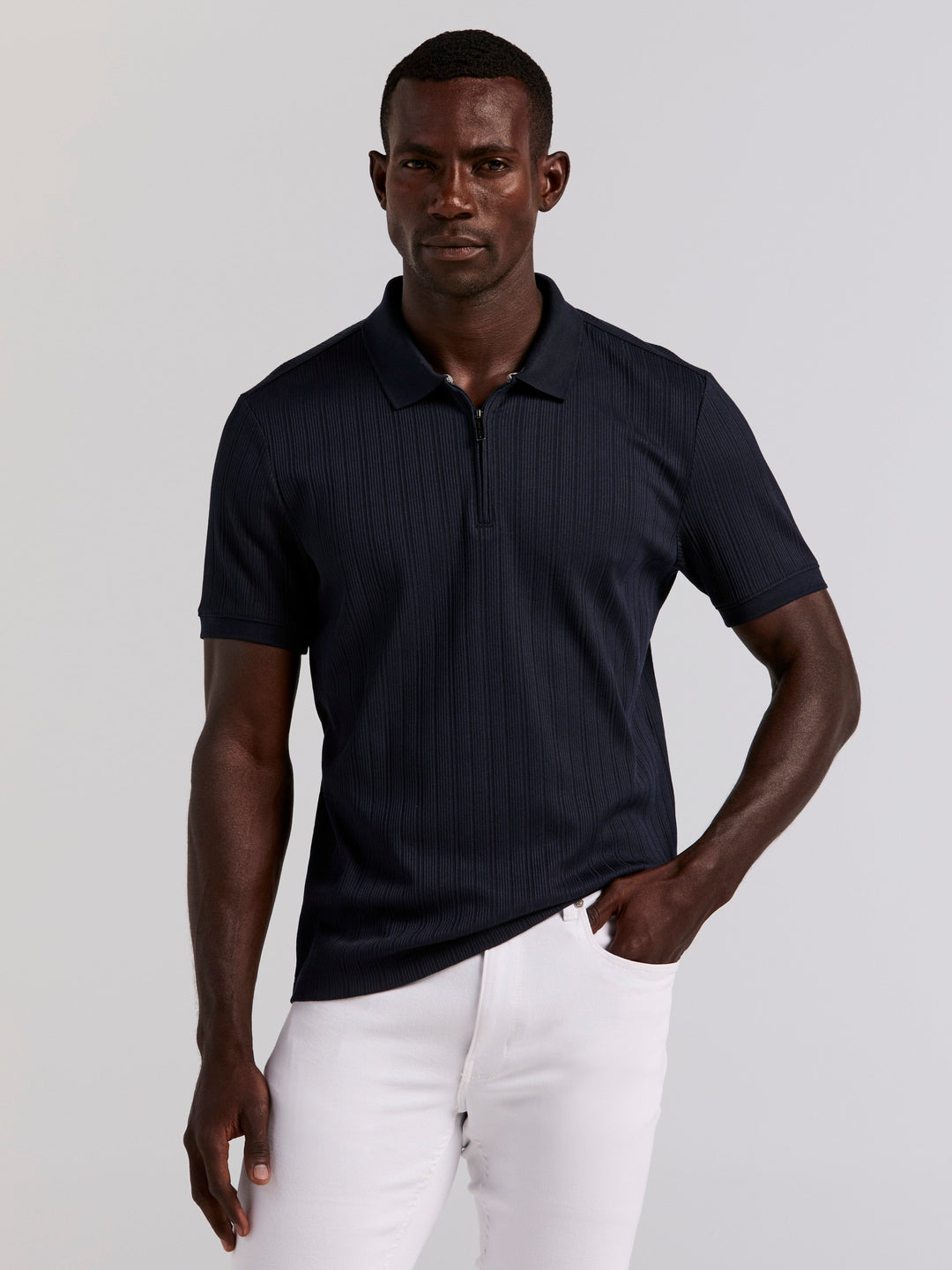 Vertical Rib Slim Fit Zip Polo Shirt (Dark Sapphire) 