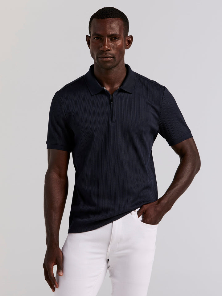 Vertical Rib Slim Fit Zip Polo Shirt (Dark Sapphire) 