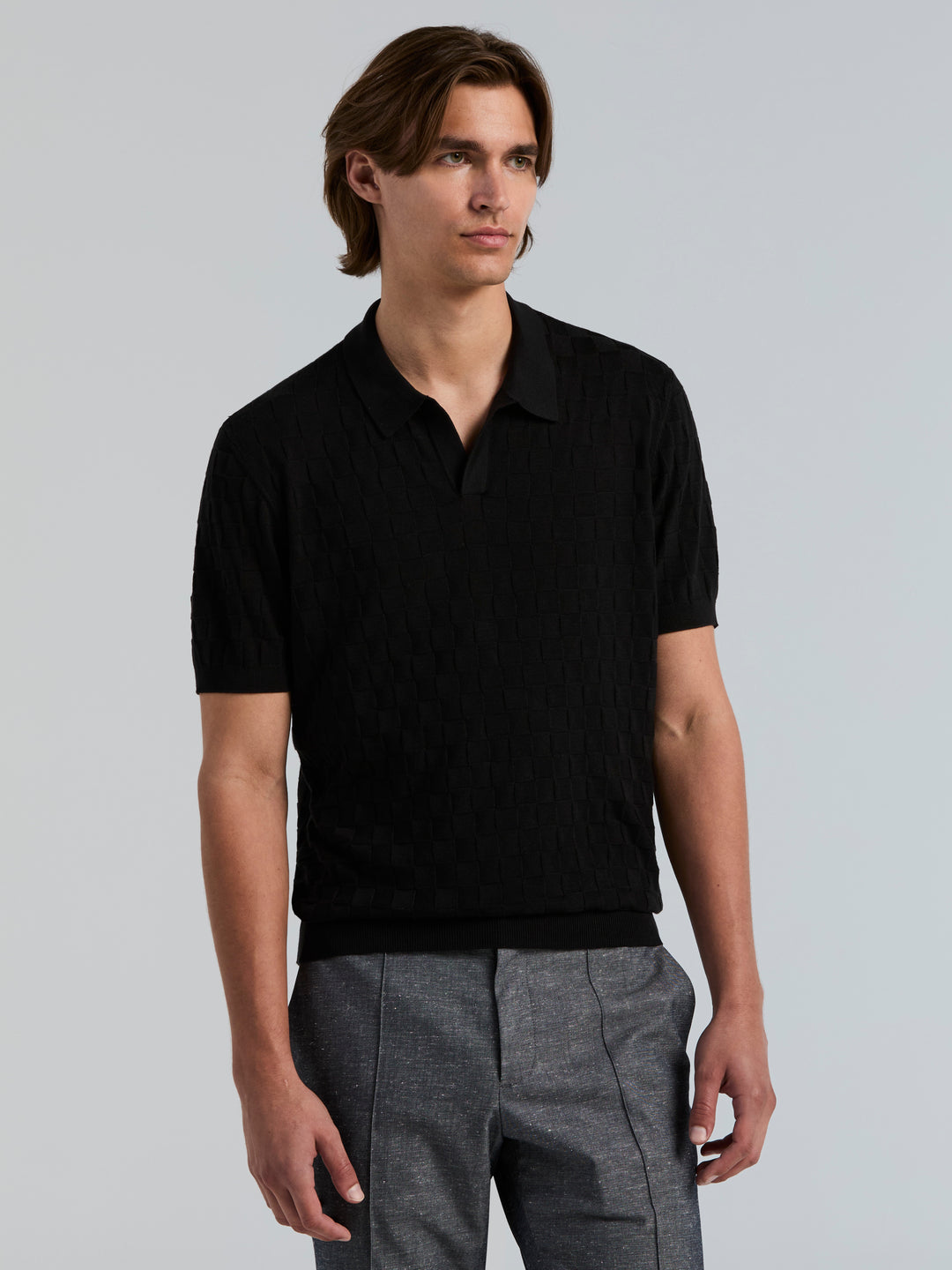 Checker Texture Open Polo Sweater (Black) 