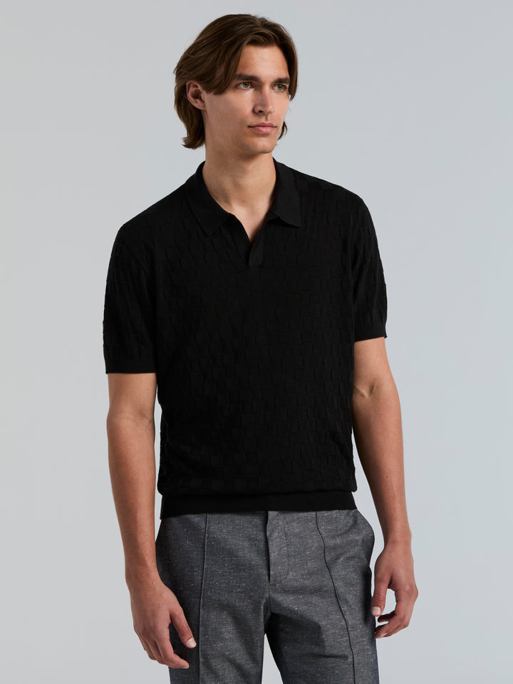Checker Texture Open Polo Sweater (Black) 