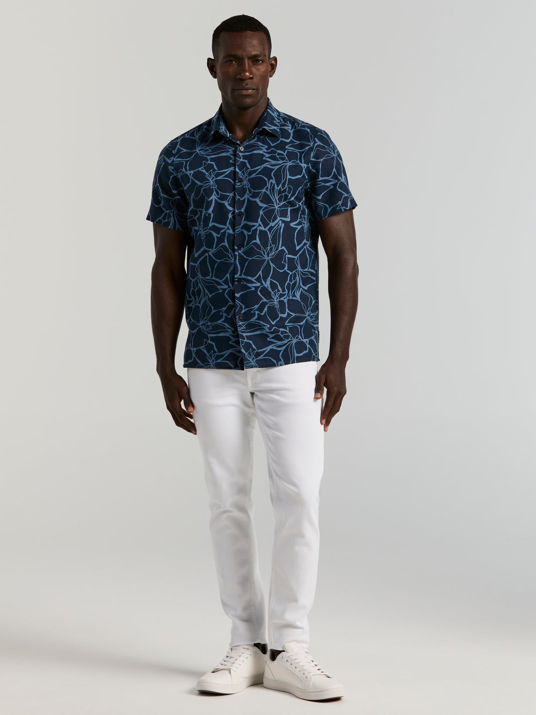 Men's Linen Floral Print Shirt (Dark Sapphire) 