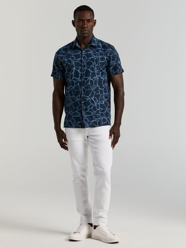 Men's Linen Floral Print Shirt (Dark Sapphire) 