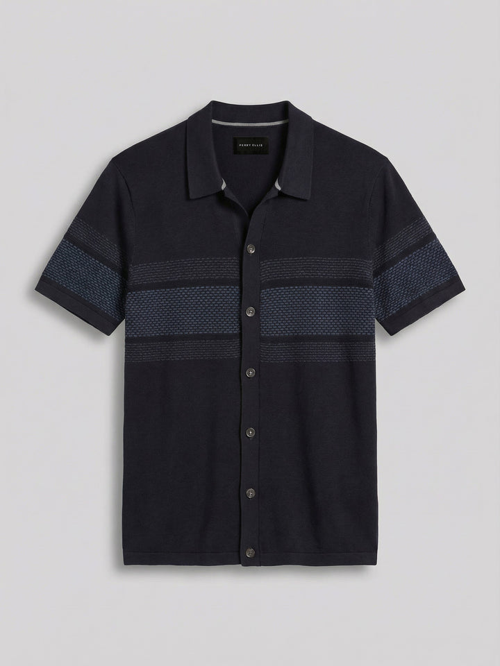 Cotton Modal Textured Button Front Sweater (Dark Sapphire) 