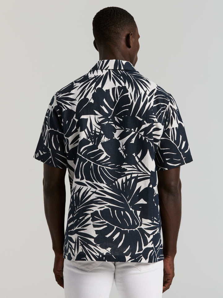 Tropical Leaf Print Camp Collar Shirt (Dark Sapphire) 