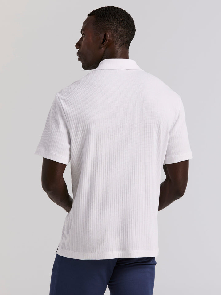 Cotton Vertical Stripe Jacquard Button Front Polo (Bright White) 