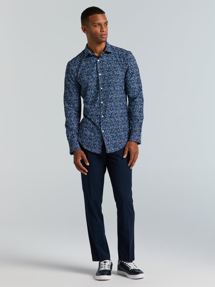Short Sleeve Botanical Spray Print Button-Down Shirt (Dark Sapphire) 