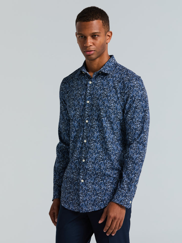 Short Sleeve Botanical Spray Print Button-Down Shirt (Dark Sapphire) 