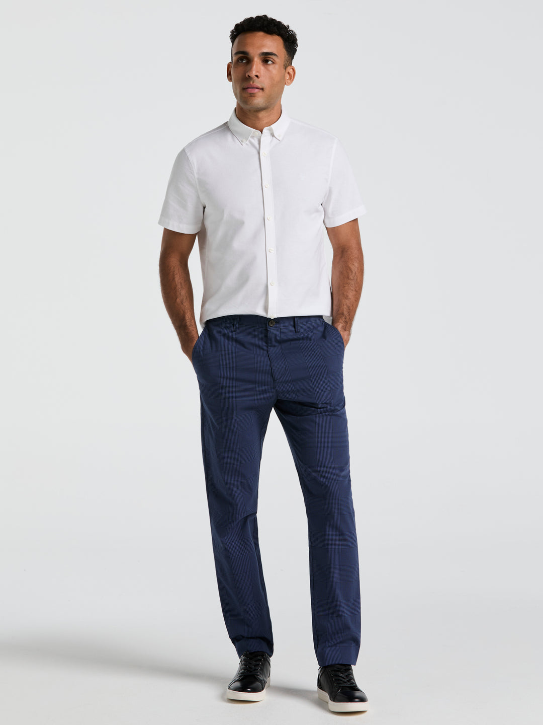 Cotton Blend Slim Fit Plaid Pants (Dark Sapphire) 