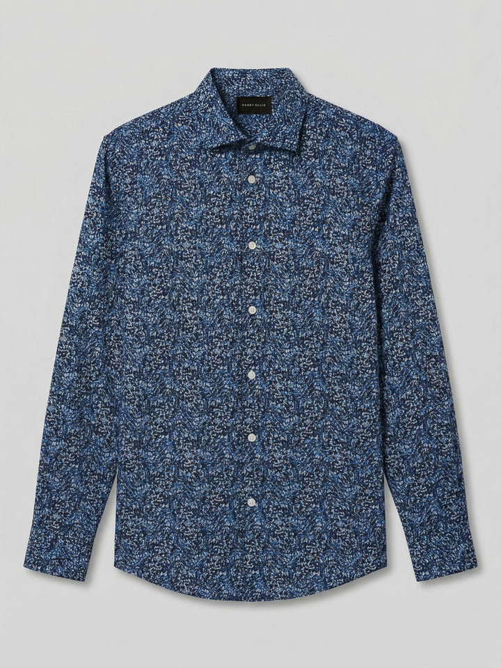 Short Sleeve Botanical Spray Print Button-Down Shirt (Dark Sapphire) 