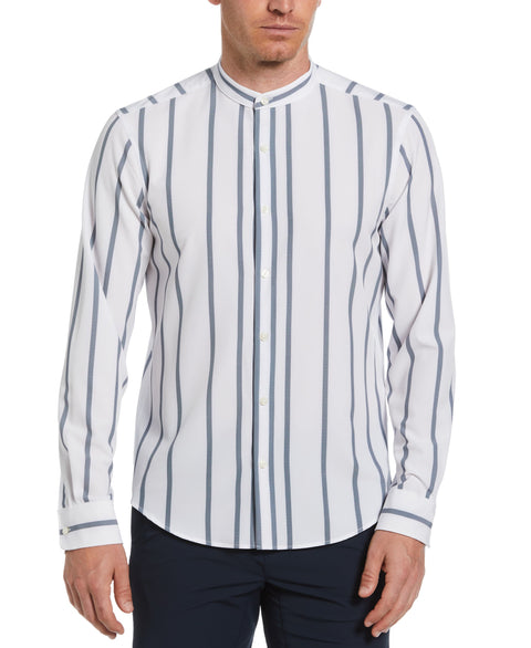 Slim Fit Total Stretch Striped Shirt with Band Collar (Dark Denim) 