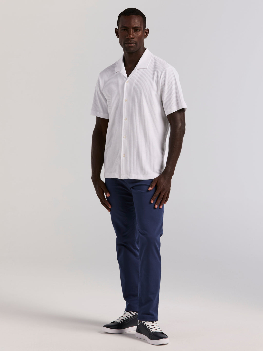 Cotton Vertical Stripe Jacquard Button Front Polo (Bright White) 