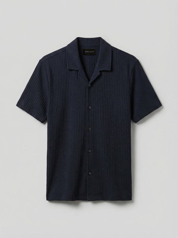Cotton Vertical Stripe Jacquard Button Front Polo (Dark Sapphire) 