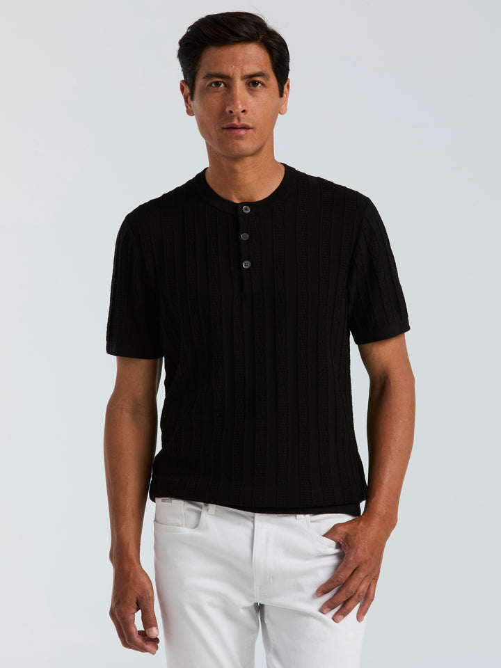 Cotton Textured Stripe Button Crew Neck Sweater (Black) 