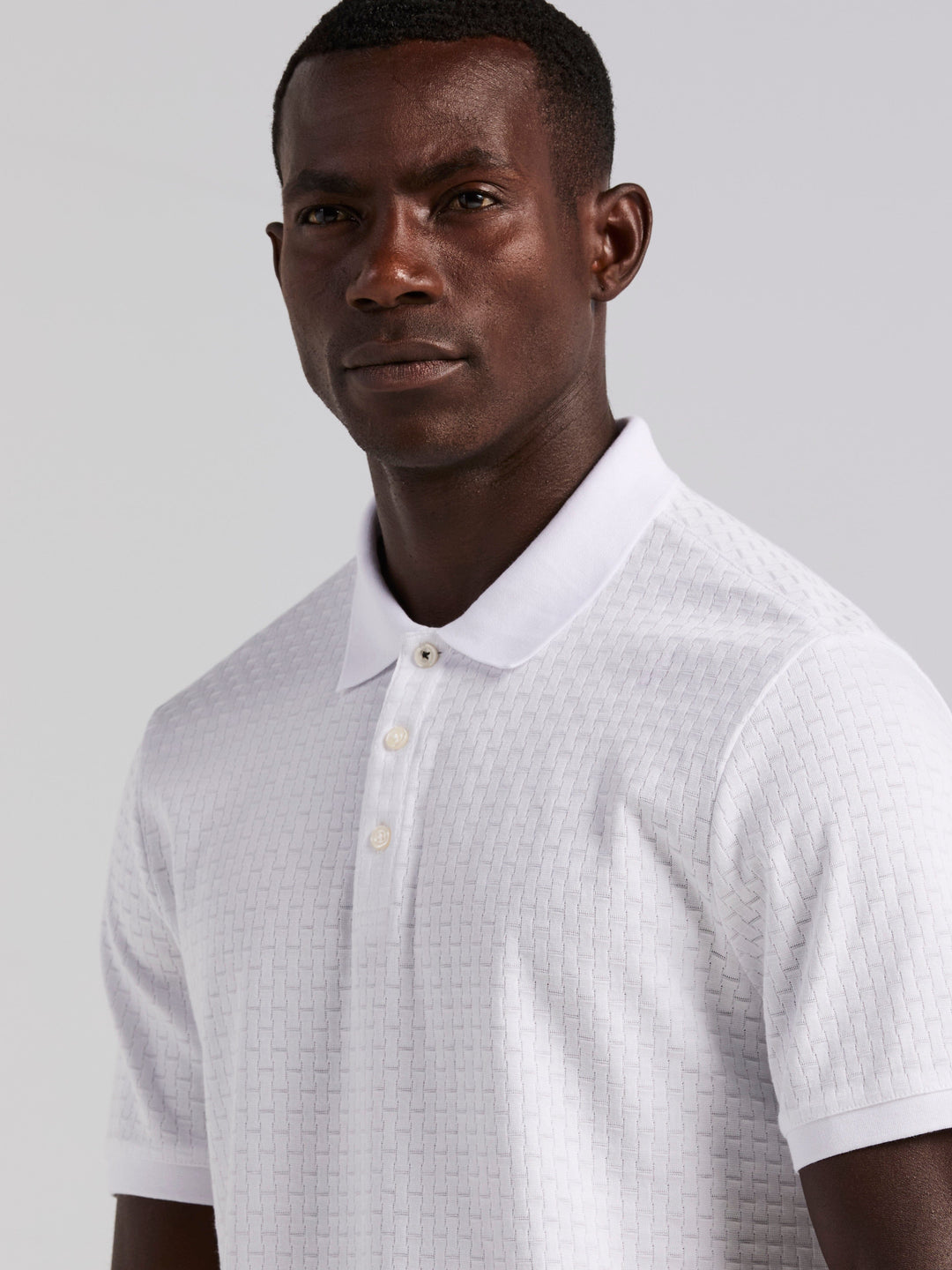 Cotton Jacquard Textured Geometric Polo Shirt (Bright White) 
