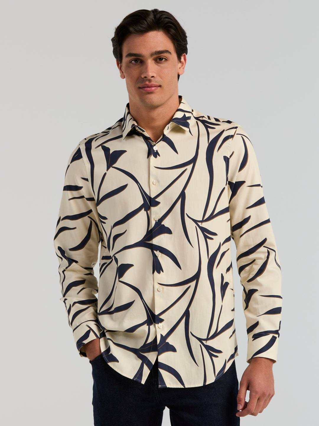 Abstract Floral Long Sleeve Herringbone Shirt (Turtledove) 