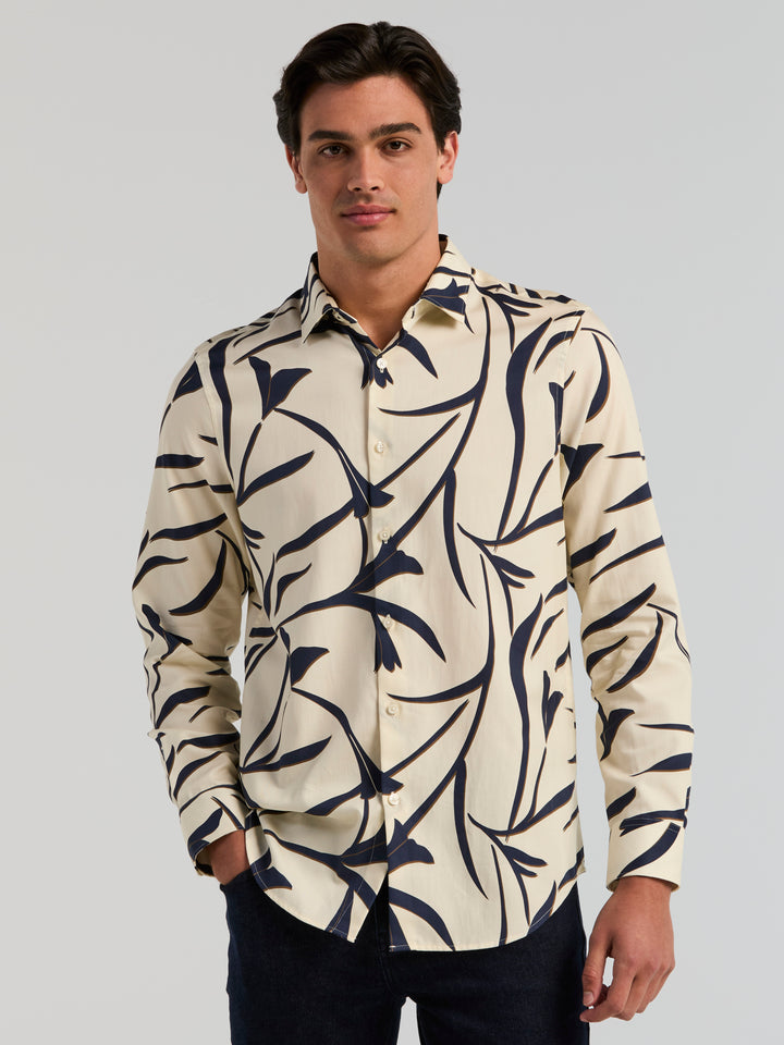 Abstract Floral Long Sleeve Herringbone Shirt (Turtledove) 