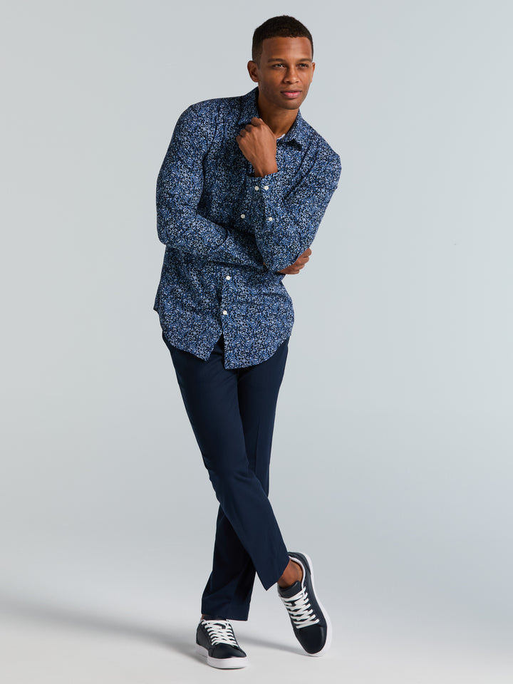 Short Sleeve Botanical Spray Print Button-Down Shirt (Dark Sapphire) 