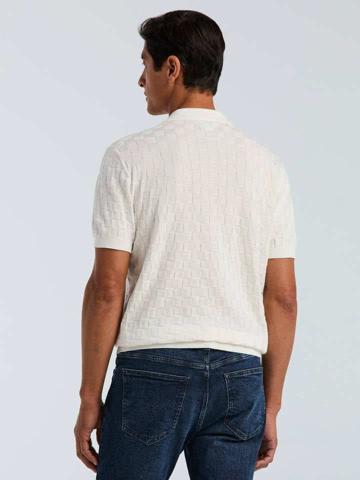 Checker Texture Open Polo Sweater (Bright White) 