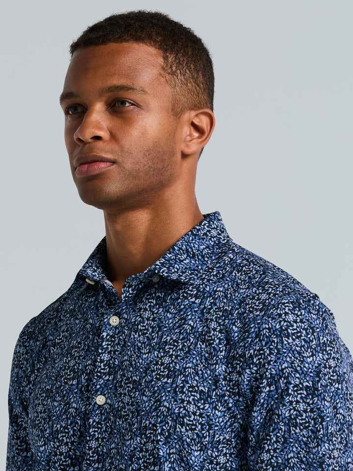 Short Sleeve Botanical Spray Print Button-Down Shirt (Dark Sapphire) 