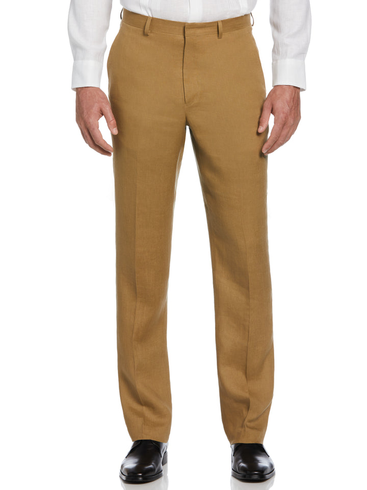 100% Linen Solid Flat Front Pant (Tan) 