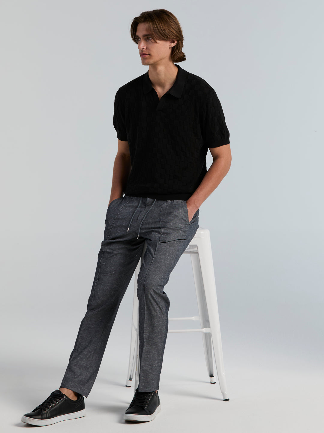 Checker Texture Open Polo Sweater (Black) 