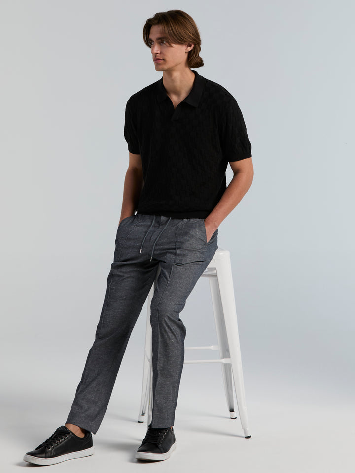 Checker Texture Open Polo Sweater (Black) 
