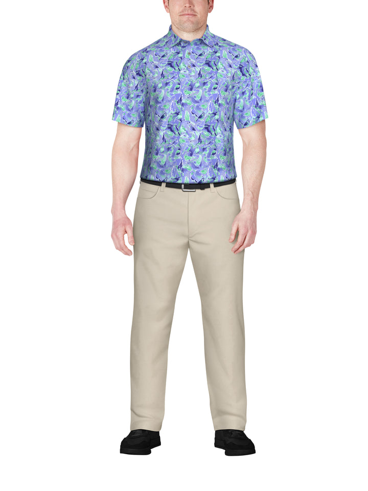 Watercolor Birdie Print Golf Polo (Clematis Blue) 