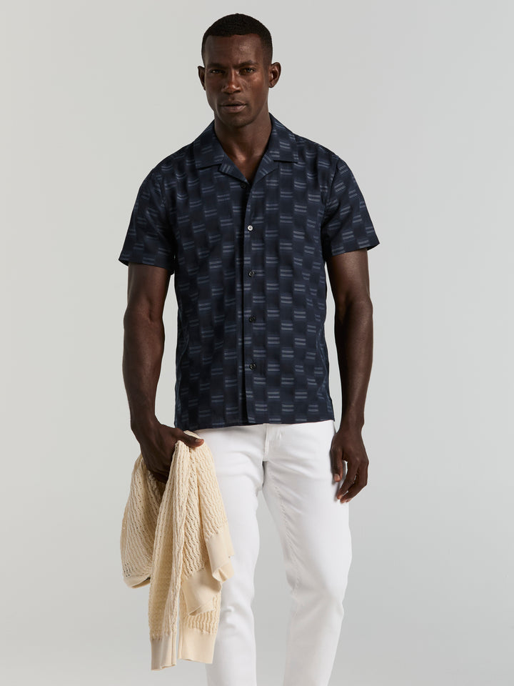 Cotton Clipped Dobby Camp Collar Shirt (Dark Sapphire) 