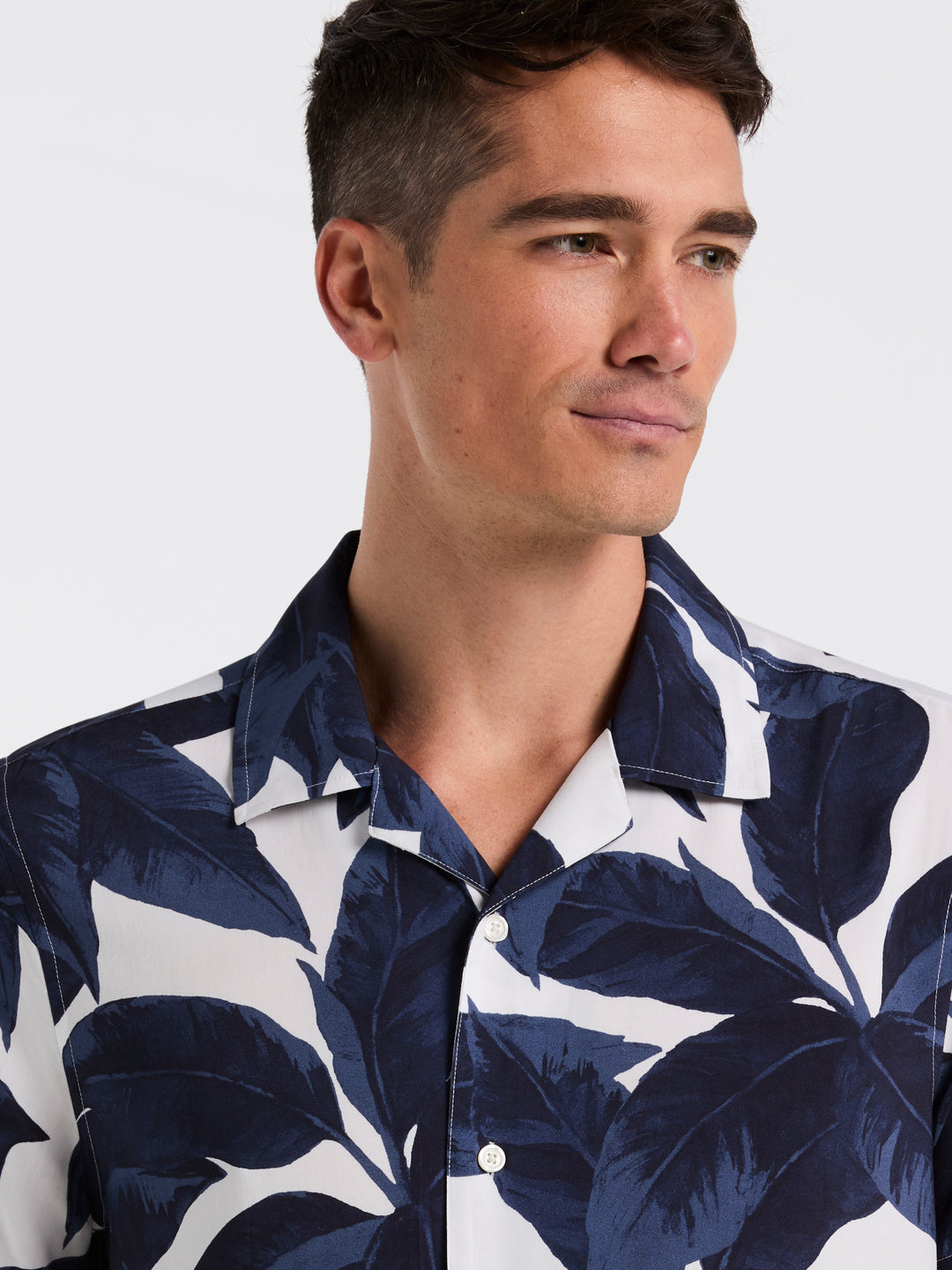Tropical Plant Print Camp Collar Shirt (Dark Sapphire) 