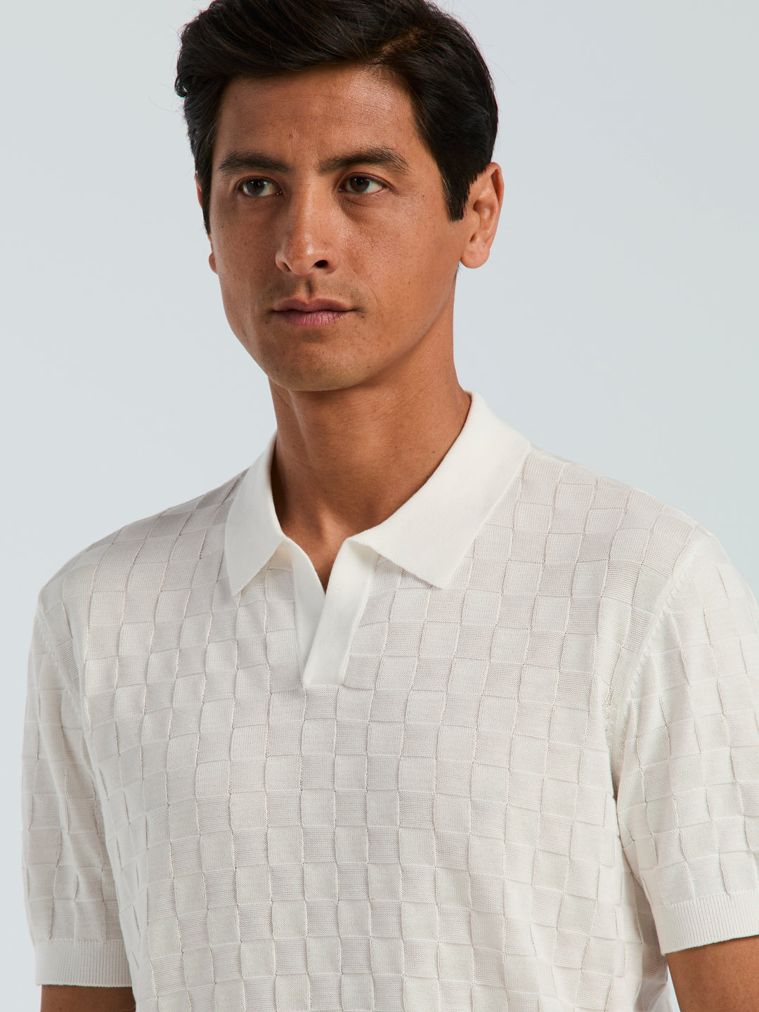 Checker Texture Open Polo Sweater (Bright White) 