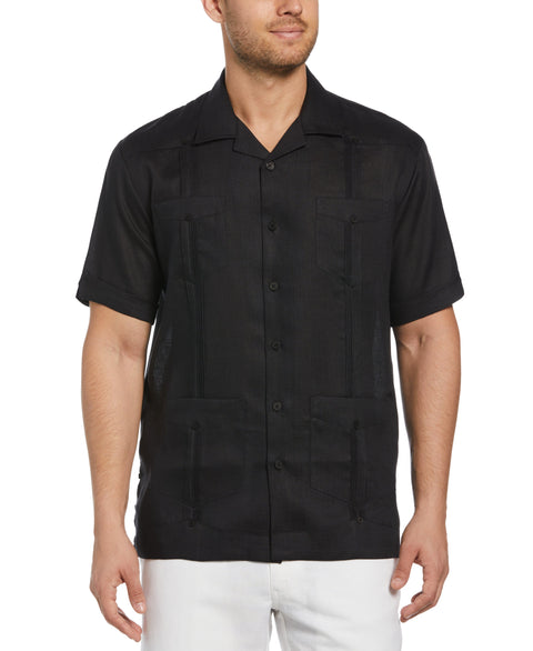 Big and Tall 100% Linen Short Sleeve 4 Pocket Guayabera (Jet Black) 