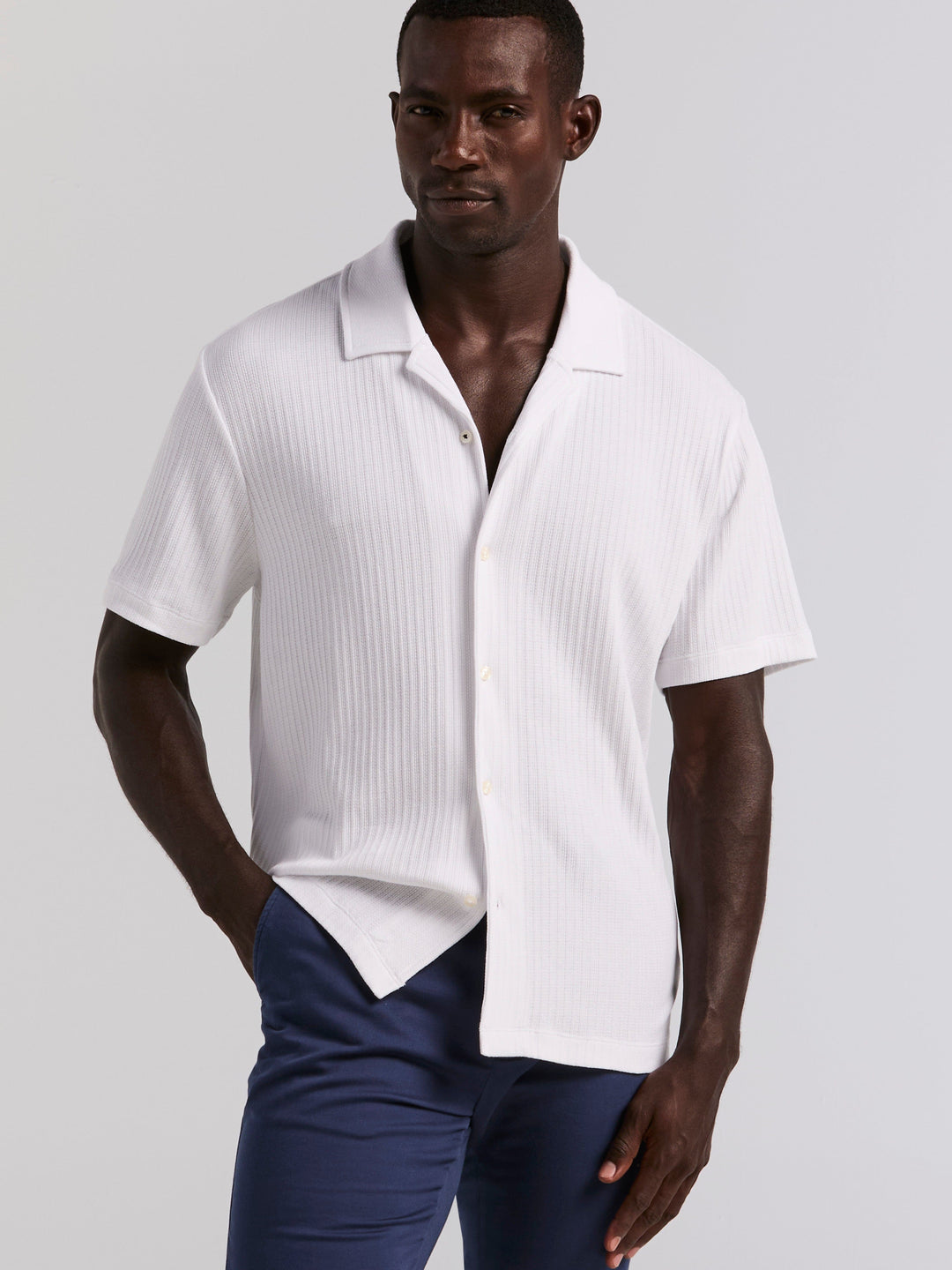 Cotton Vertical Stripe Jacquard Button Front Polo (Bright White) 