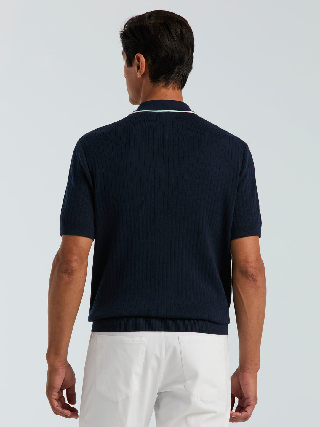 Cotton Short Sleeve Rib Tipped Full Zip Sweater (Dark Sapphire) 