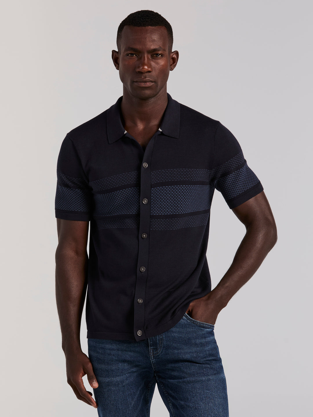 Cotton Modal Textured Button Front Sweater (Dark Sapphire) 