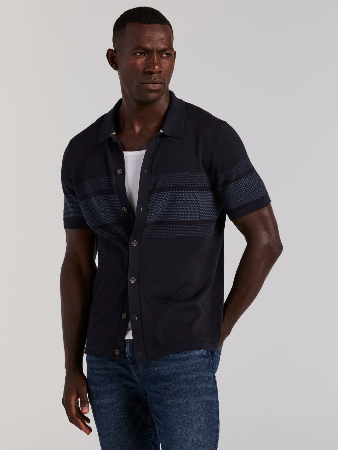 Cotton Modal Textured Button Front Sweater (Dark Sapphire) 