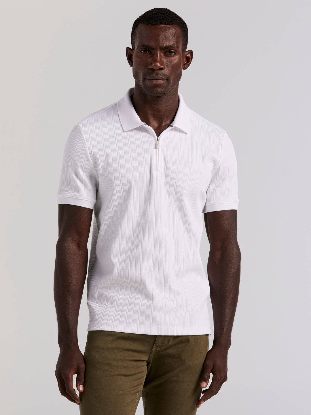 Vertical Rib Slim Fit Zip Polo Shirt (Bright White) 