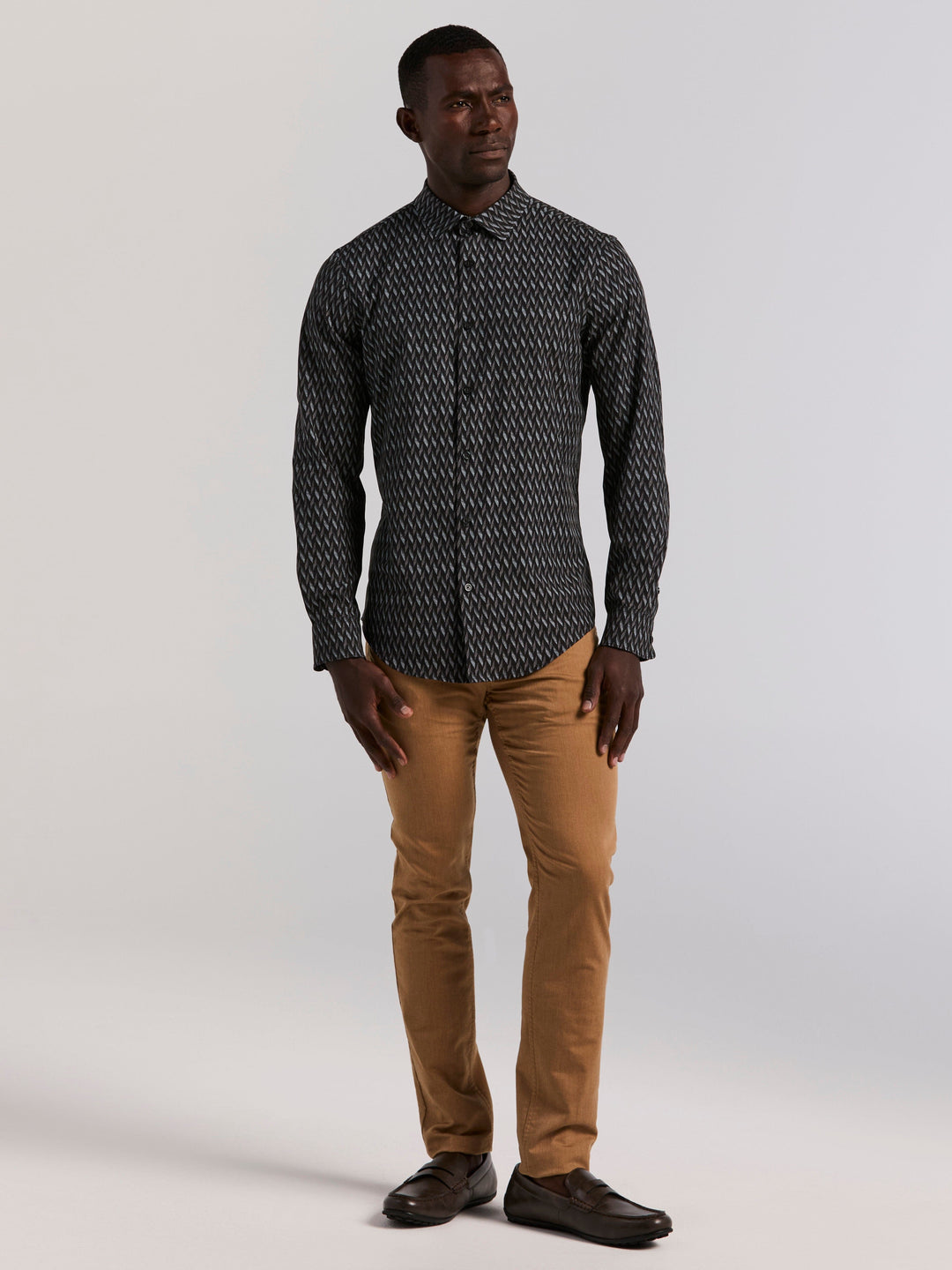 Geo Print Slim Fit Long Sleeve Shirt (Black) 