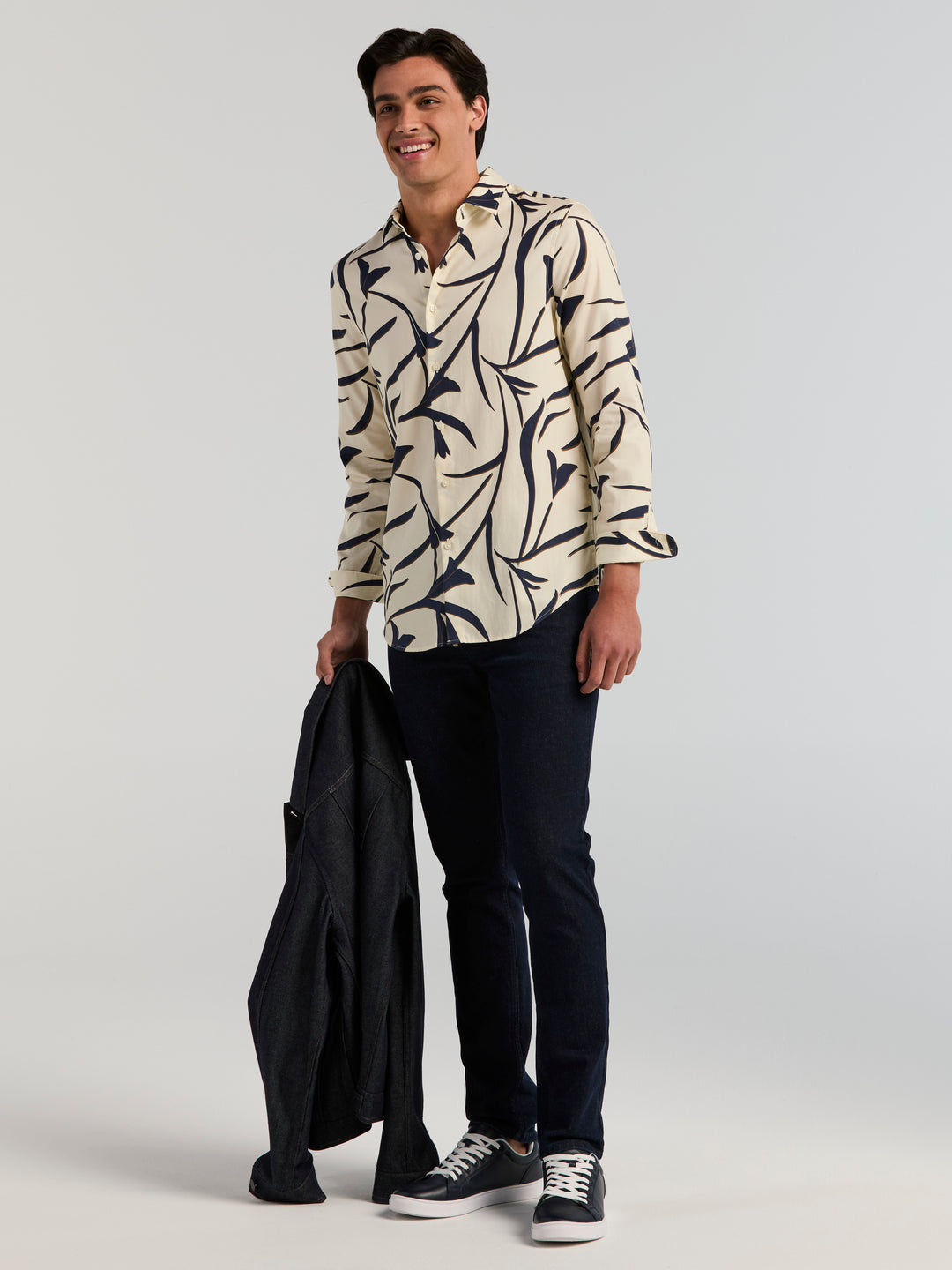 Abstract Floral Long Sleeve Herringbone Shirt (Turtledove) 