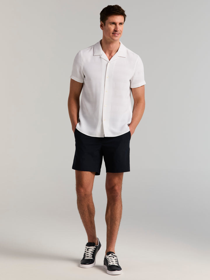 Men's Short Sleeve Dobby Stripe Camp Collar Shirt (Bright White) 