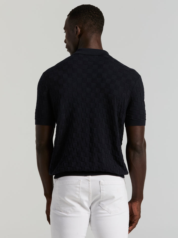 Checker Texture Open Polo Sweater (Dark Sapphire) 