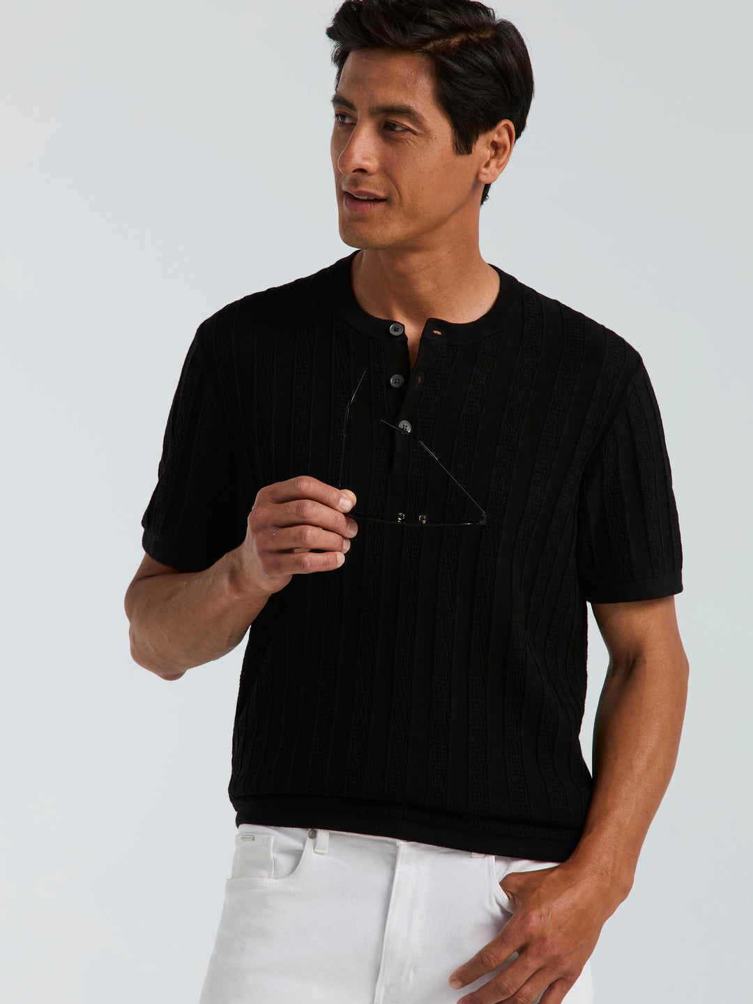 Cotton Textured Stripe Button Crew Neck Sweater (Black) 
