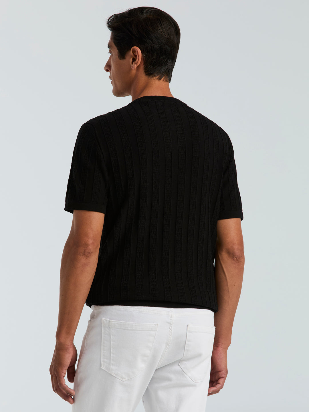 Cotton Textured Stripe Button Crew Neck Sweater (Black) 