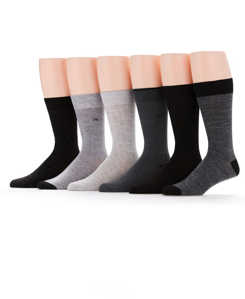 6 Pack Pindot Casual Dress Socks (Black/Grey) 