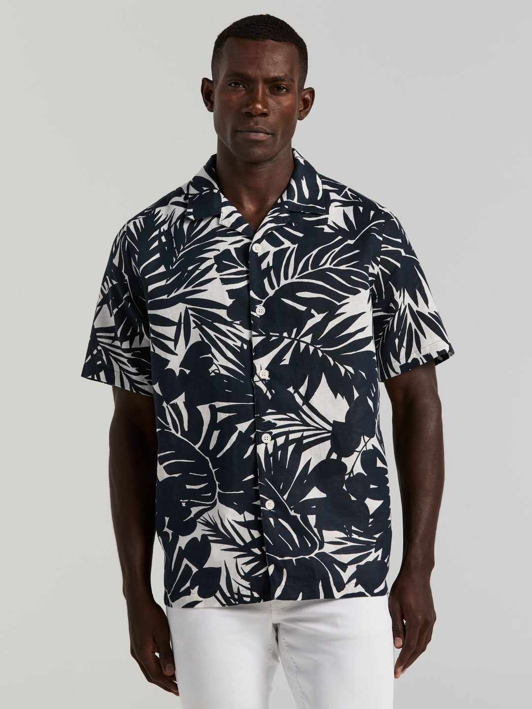 Tropical Leaf Print Camp Collar Shirt (Dark Sapphire) 