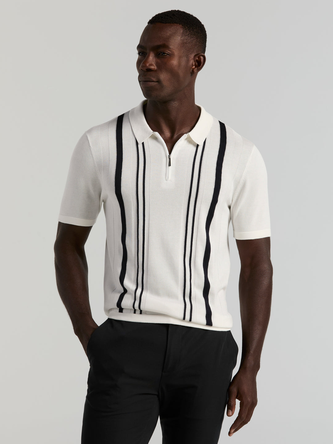 Cotton Modal Stripe Polo Sweater (Bright White) 