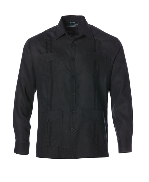 Big and Tall 100% Linen Long Sleeve 4 Pocket Guayabera (Jet Black) 