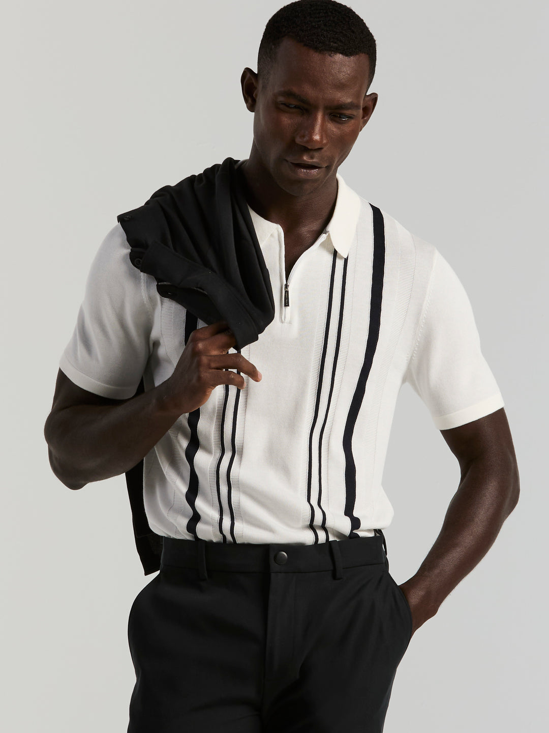 Cotton Modal Stripe Polo Sweater (Bright White) 