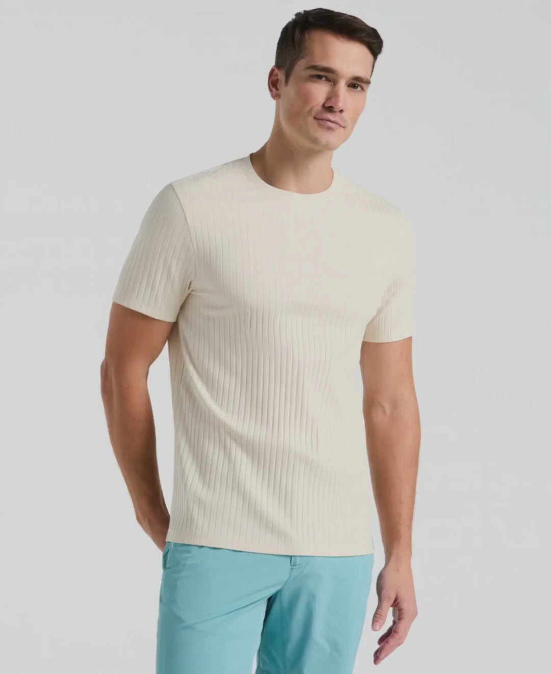 Man wears Perry Ellis Ribbed Crew Neck Tee in color Birch