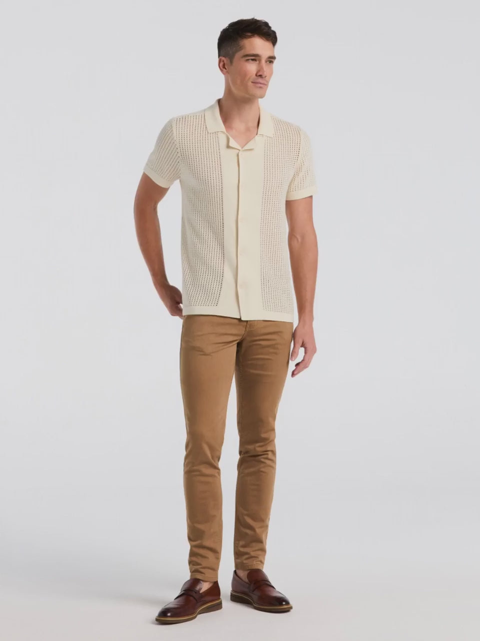 Cotton Jacquard Open Stitch Button Front Sweater