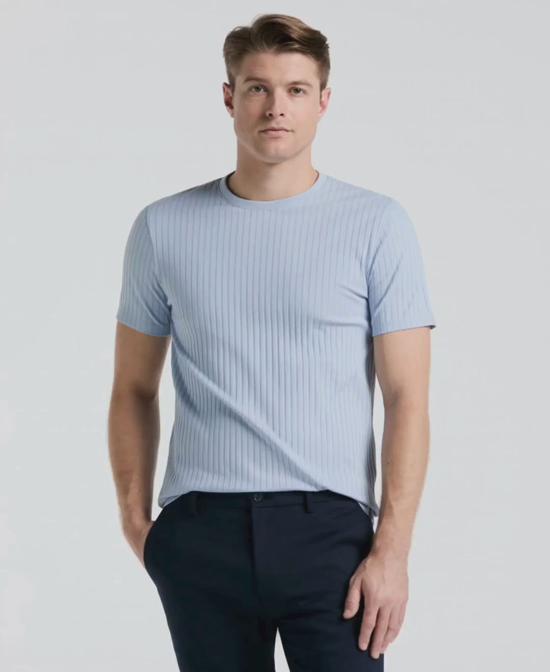 Man wears Perry Ellis Ribbed Crew Neck Tee in color Kentucky Blue